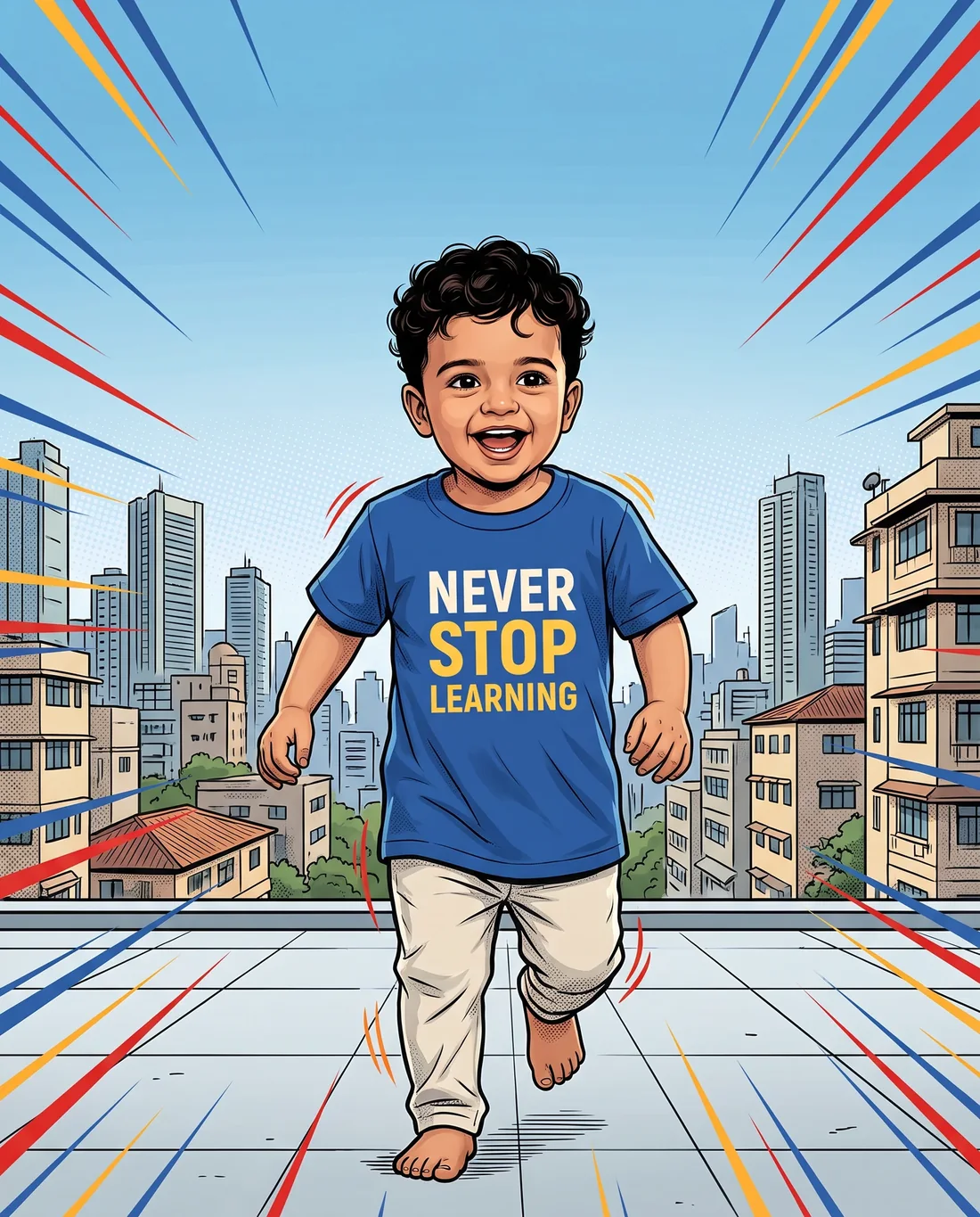 Kabir in a premium boys statement T-shirt, styled in an age-appropriate playful comic scene.
