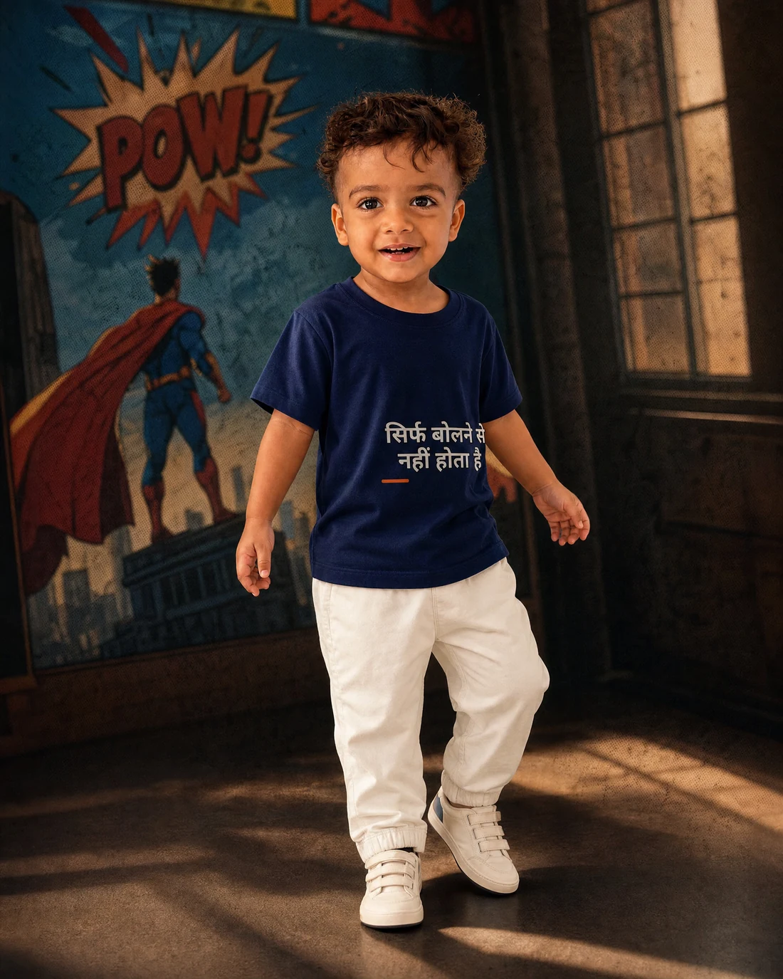 Kabir wearing the Boys सिर्फ बोलने से नहीं होता है Editor’s Mark with the exact statement “सिर्फ बोलने से नहीं होता है” printed into the garment.