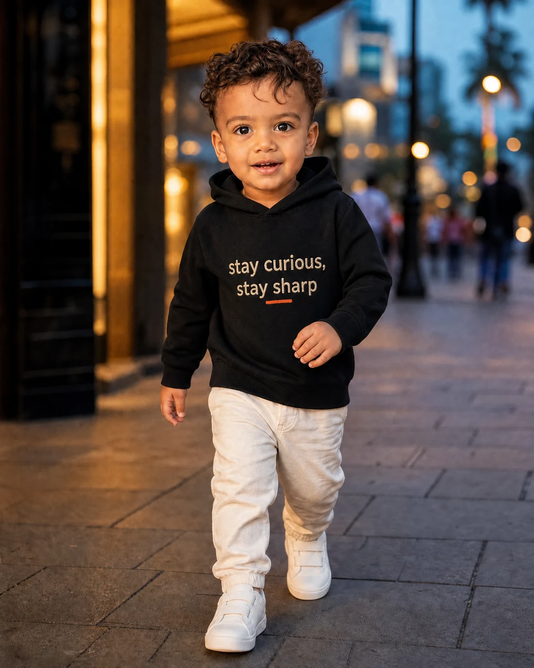 Kabir wearing the Boys Stay Curious Stay Sharp Panel Drop with the exact statement “stay curious, stay sharp” printed into the garment.