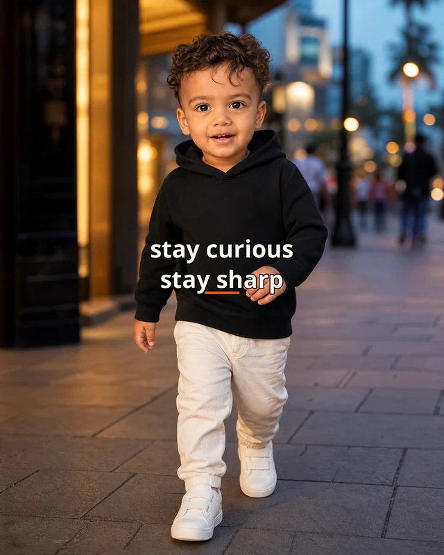 Kabir wearing the Boys Stay Curious Stay Sharp Panel Drop featuring the exact statement “stay curious, stay sharp”.