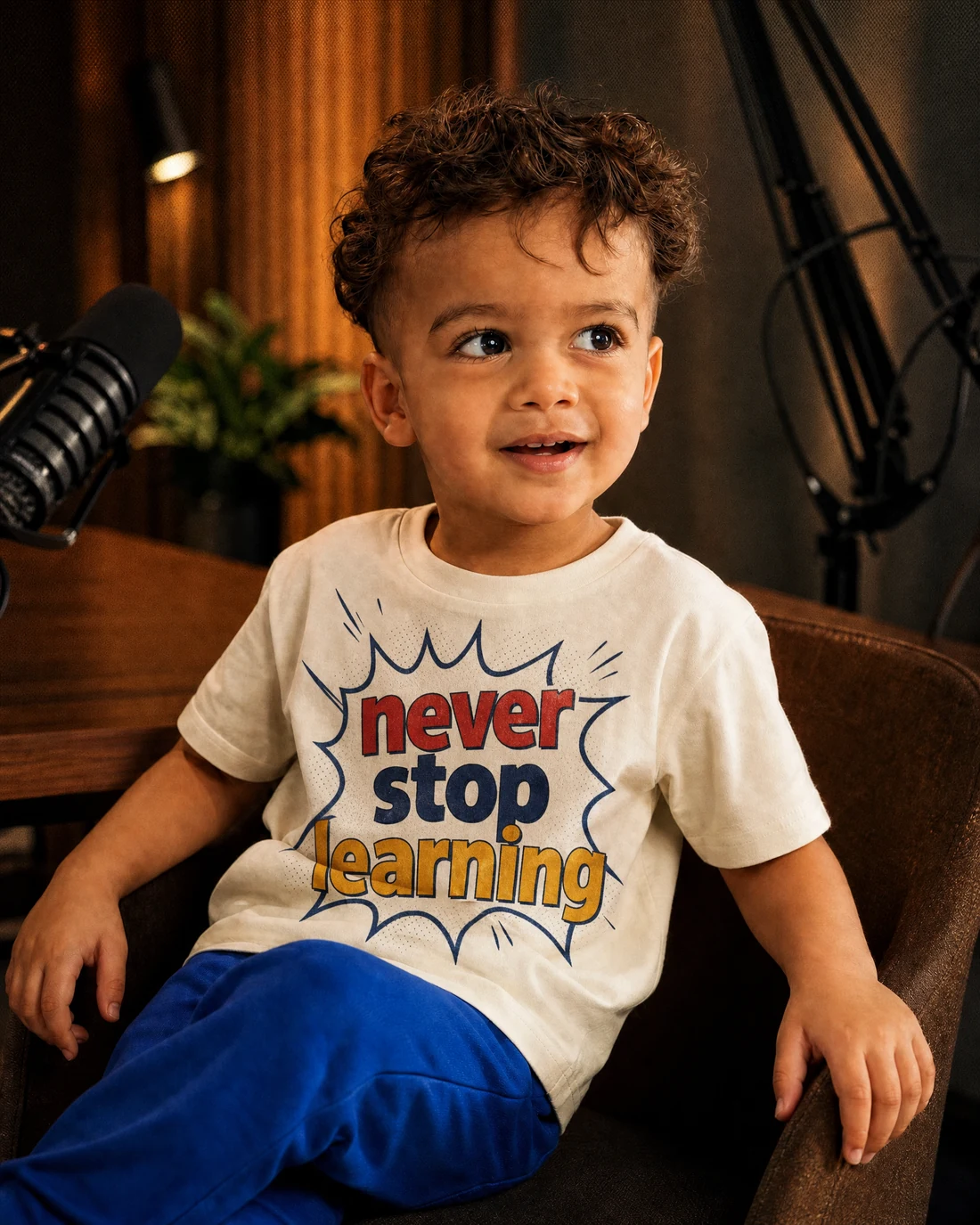 Kabir wearing the Boys Never Stop Learning Editor’s Mark with the exact statement “never stop learning” printed into the garment.