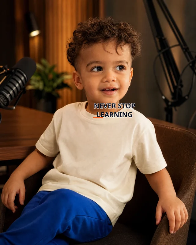 Kabir wearing the Boys Never Stop Learning Editor’s Mark featuring the exact statement “never stop learning”.
