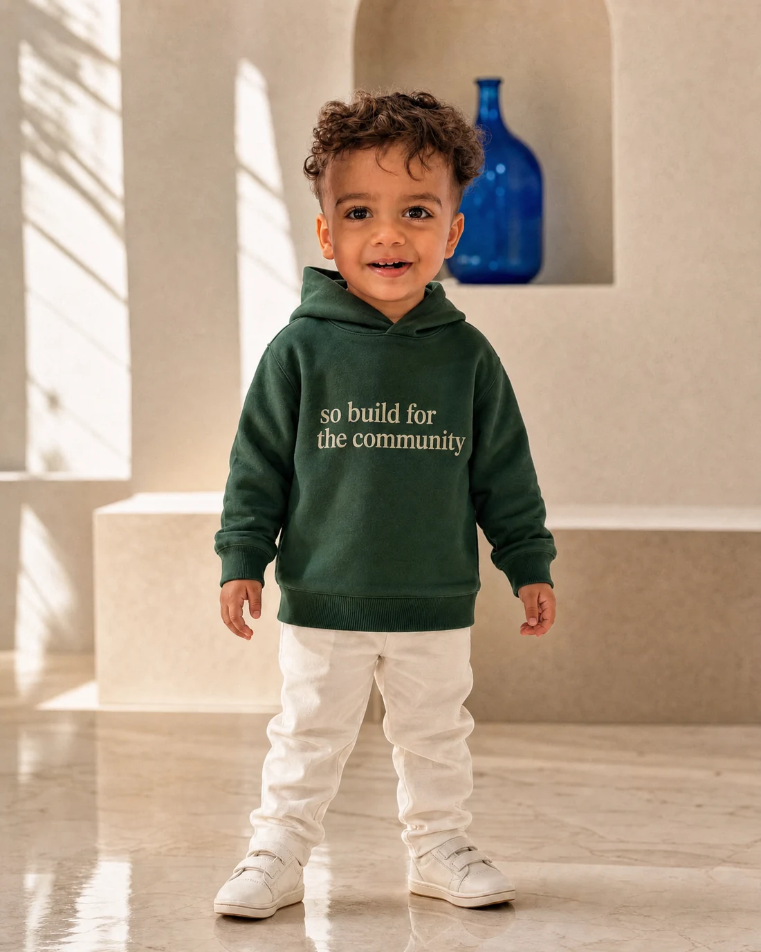 Kabir wearing the Boys So Build For The Community Panel Drop with the exact statement “so build for the community” printed into the garment.
