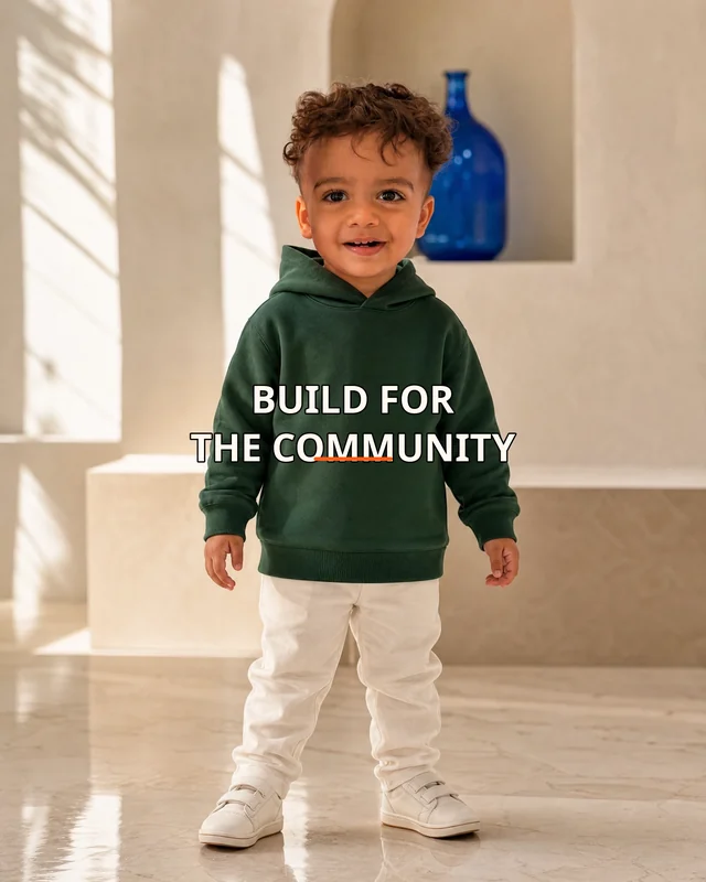 Kabir wearing the Boys So Build For The Community Panel Drop featuring the exact statement “so build for the community”.