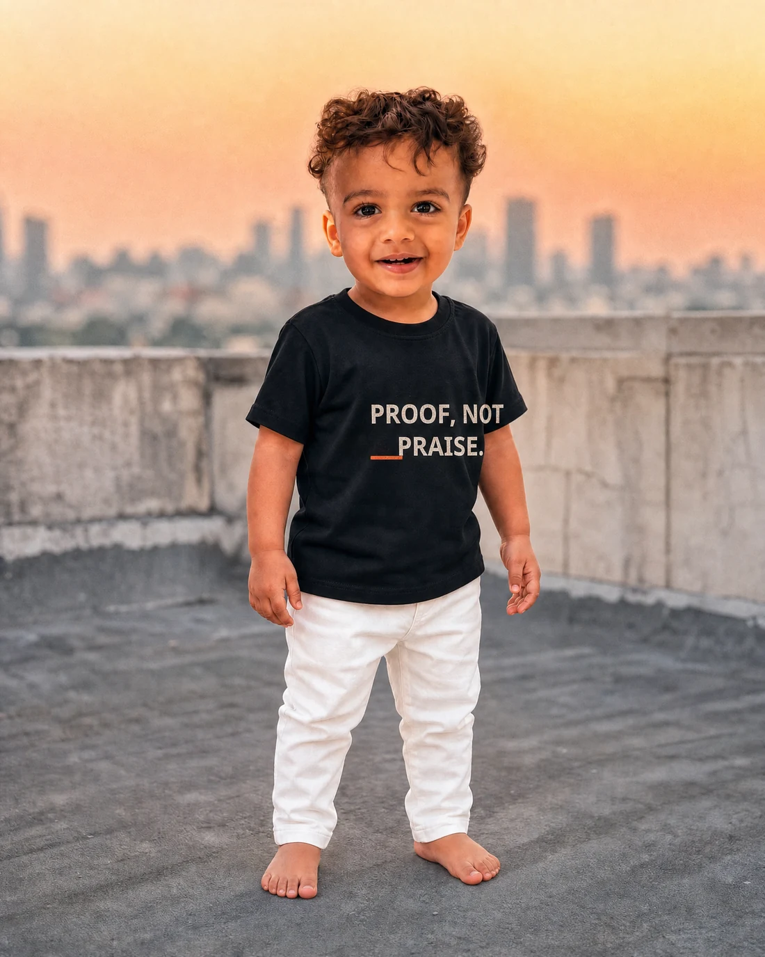 Kabir wearing the Boys Proof Not Praise Editor’s Mark with the exact statement “proof, not praise” printed into the garment.