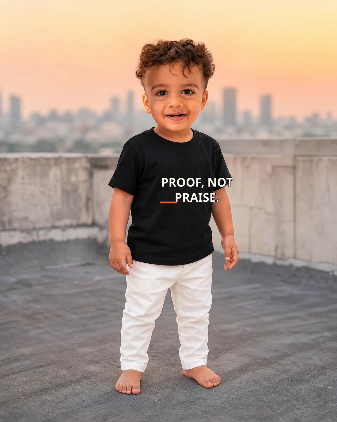 Kabir wearing the Boys Proof Not Praise Editor’s Mark featuring the exact statement “proof, not praise”.