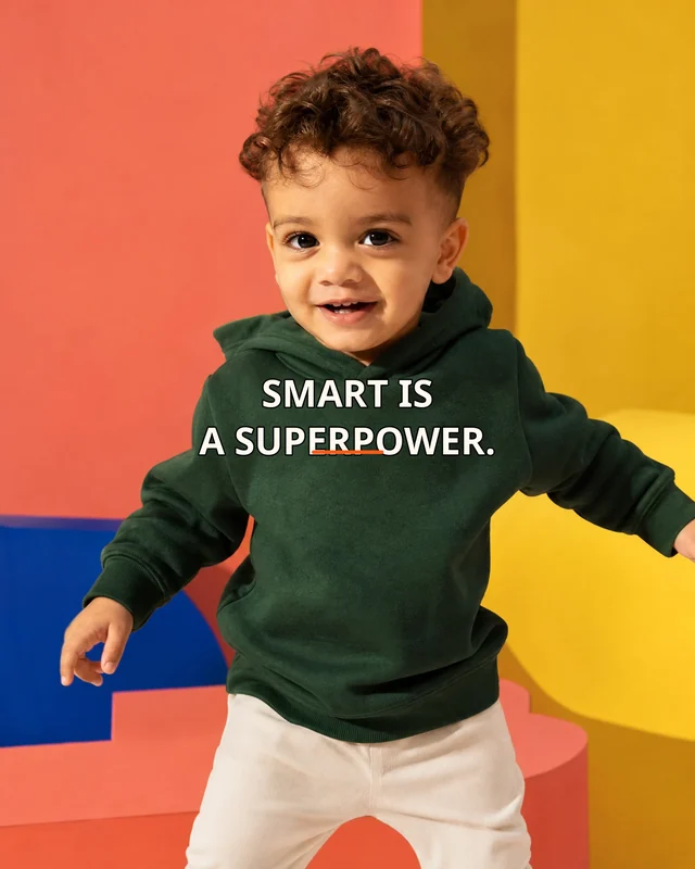 Kabir wearing the Boys Smart Is A Superpower Panel Drop featuring the exact statement “smart is a superpower”.