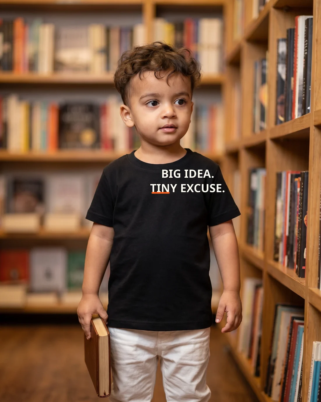 Kabir wearing the Boys Big Idea Tiny Excuse Editor’s Mark featuring the exact statement “big idea. tiny excuse.”.