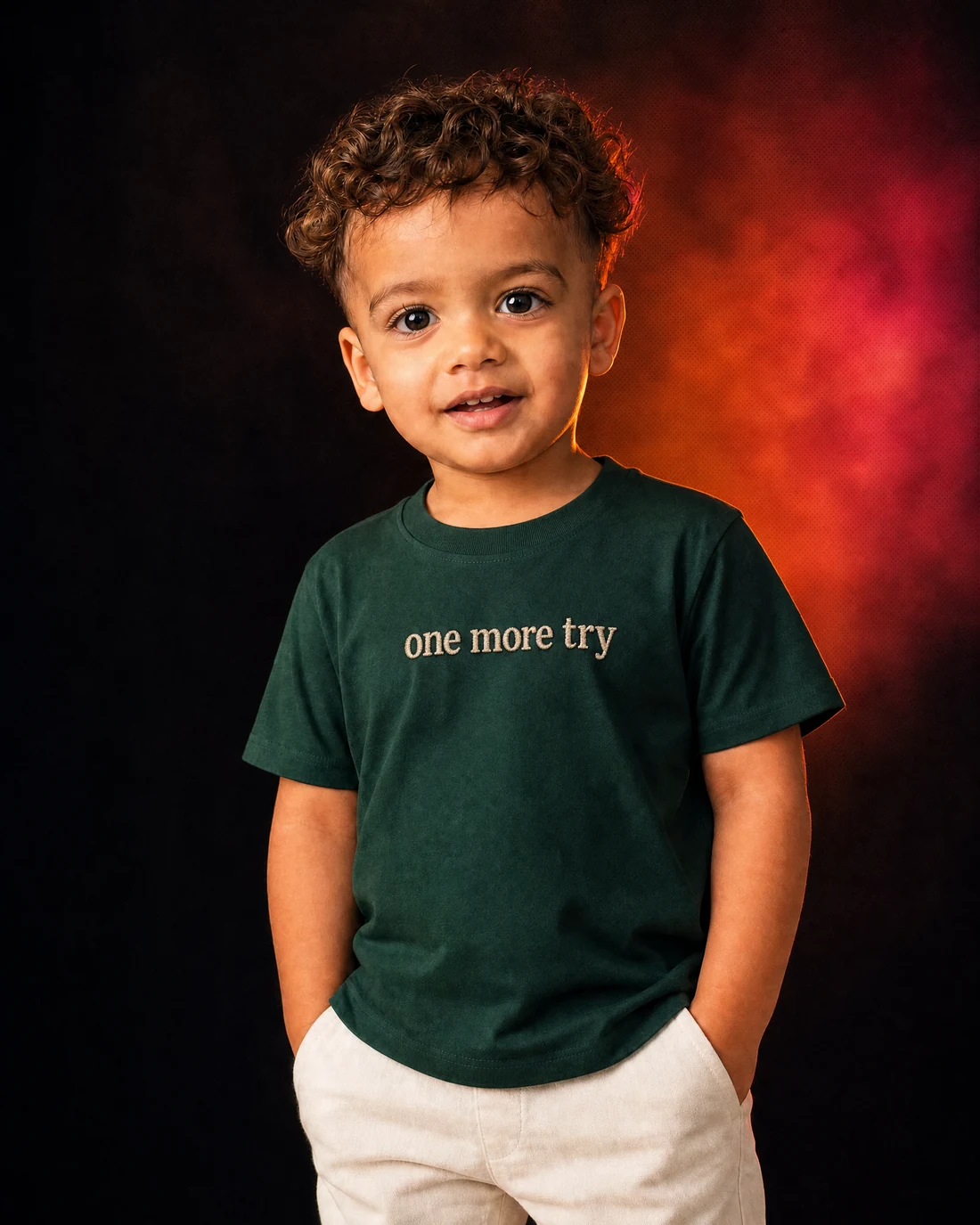 Kabir wearing the Boys One More Try Editor’s Mark with the exact statement “one more try” printed into the garment.