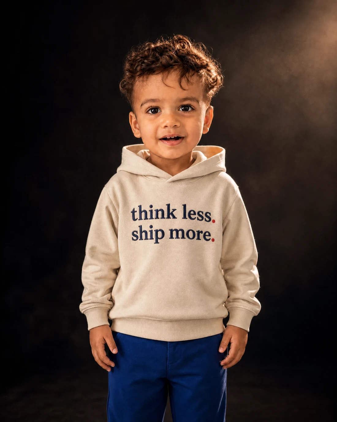 Kabir wearing the Boys Think Less Ship More Panel Drop with the exact statement “think less. ship more.” printed into the garment.