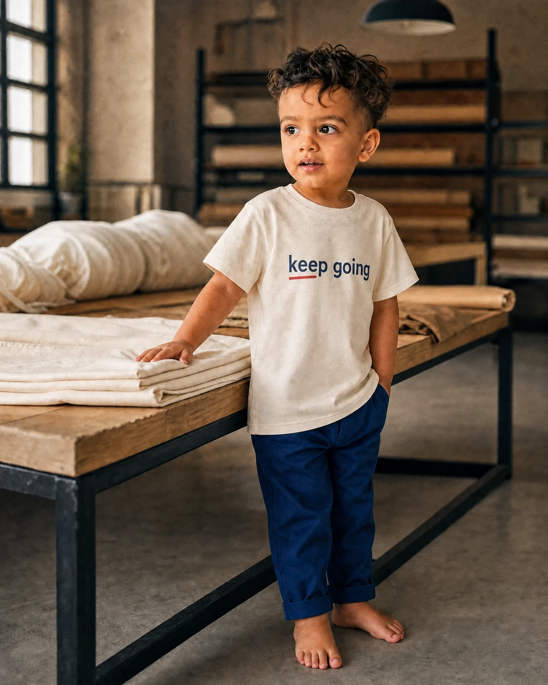 Kabir wearing the Boys Keep Going Editor’s Mark with the exact statement “keep going” printed into the garment.