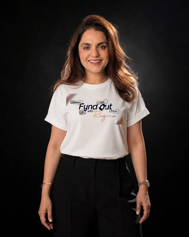 Ragini wearing the Women Fynd Out Primary Logo Tee with the approved Fynd Out with Ragini logo.