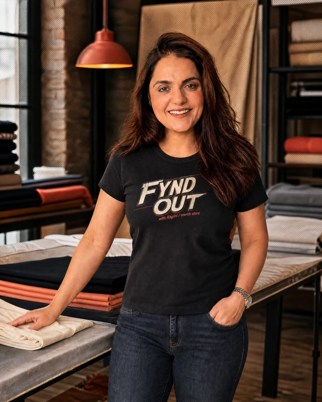 Ragini wearing the Women Fynd Out Red Descriptor Tee with the original FYND OUT with Ragini merch-store wordmark printed into the garment.