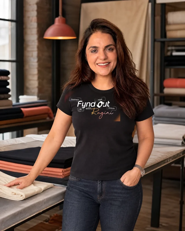 Ragini wearing the Women Ragini Signature Logo Tee with the approved Fynd Out with Ragini logo.