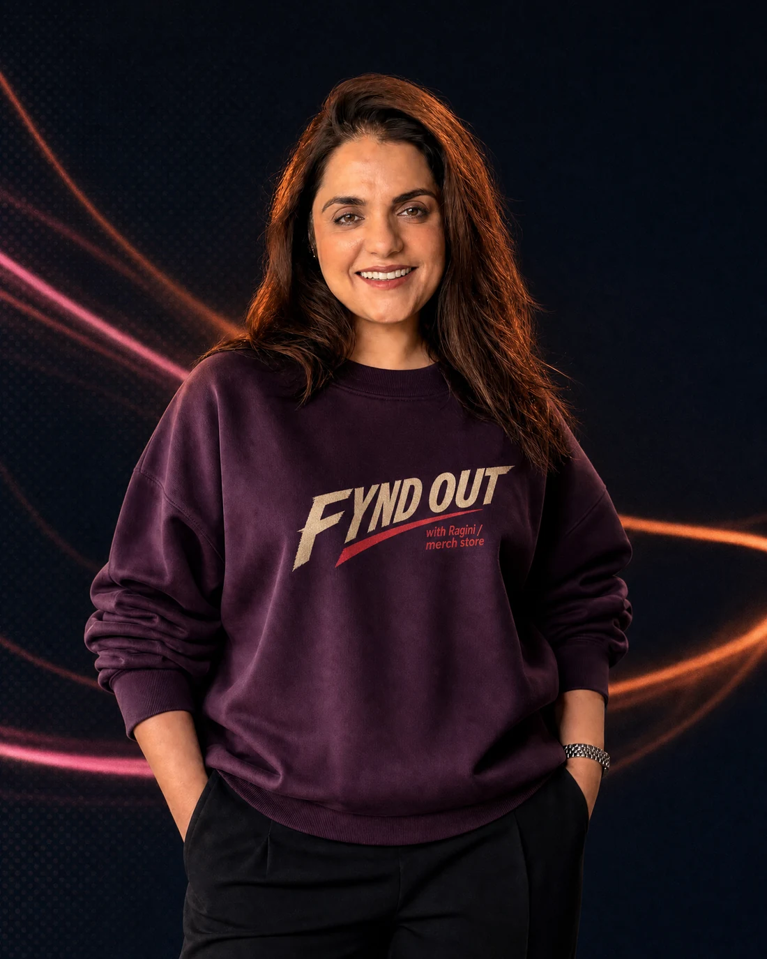 Ragini wearing the Women Tonal Fynd Out Wordmark Sweatshirt with the original FYND OUT with Ragini merch-store wordmark printed into the garment.