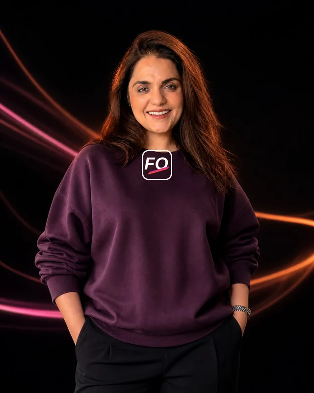 Ragini wearing the Women Tonal FO Signature Sweatshirt with the approved Fynd Out with Ragini logo.