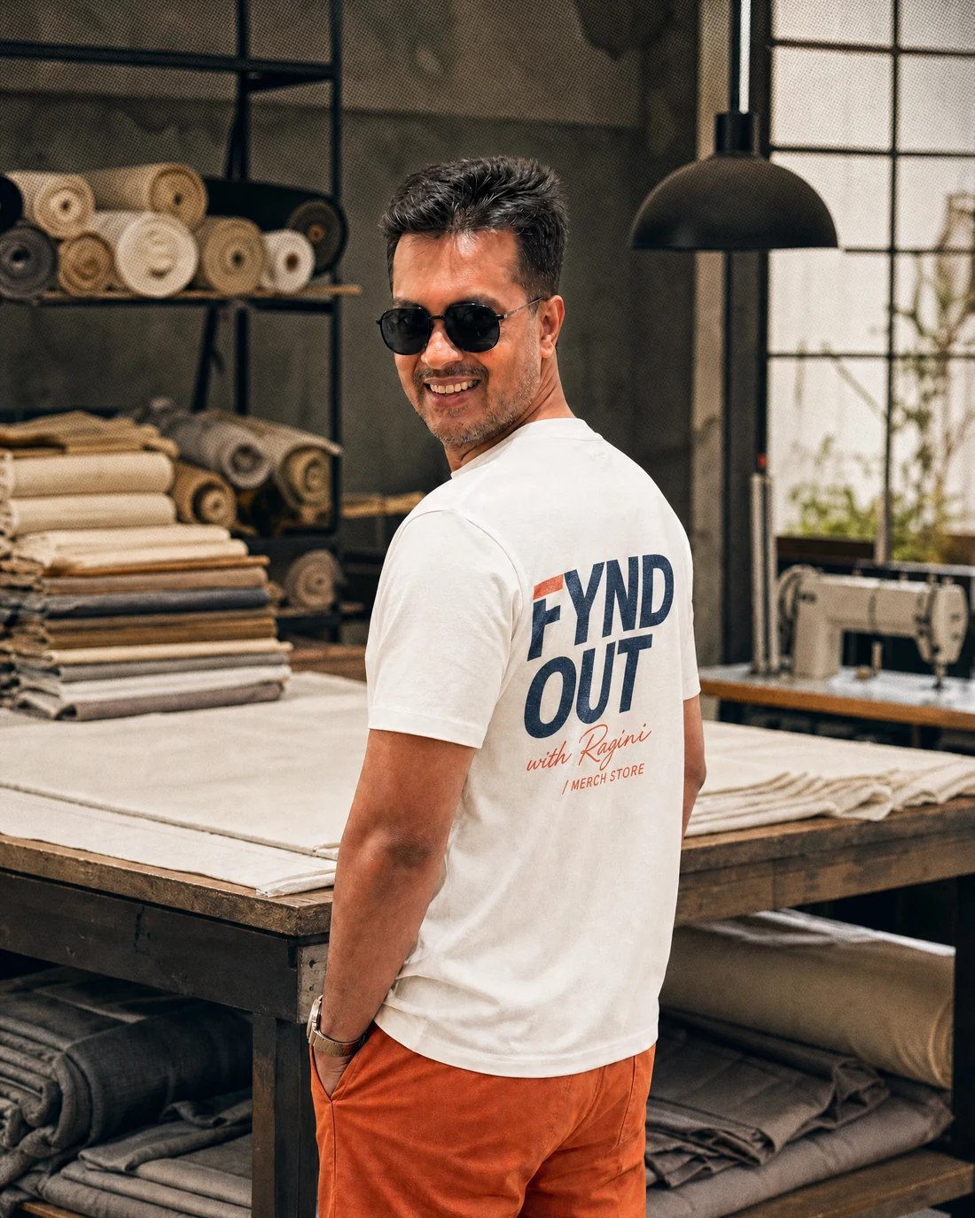 Farooq wearing the Men Fynd Out Back Wordmark Tee with the original FYND OUT with Ragini merch-store wordmark printed into the garment.