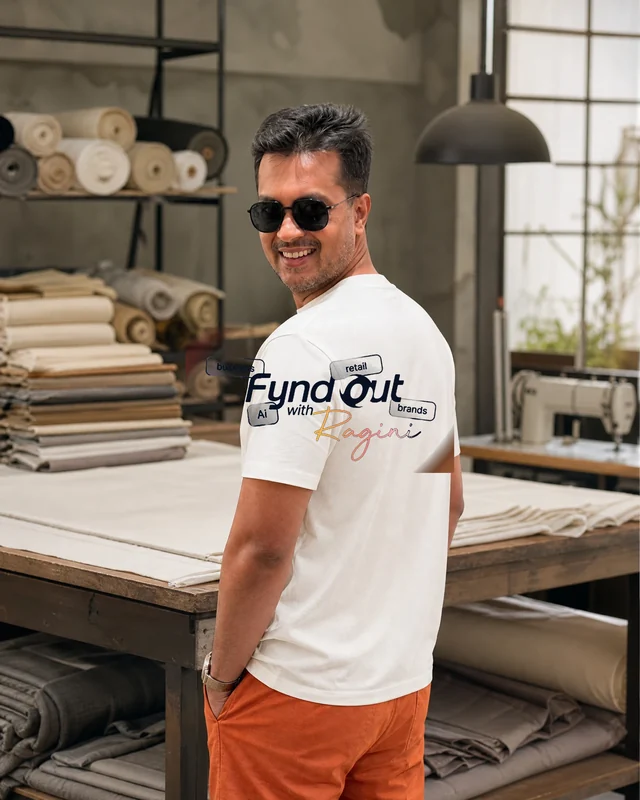 Farooq wearing the Men Fynd Out Back Lockup Tee with the approved Fynd Out with Ragini logo.