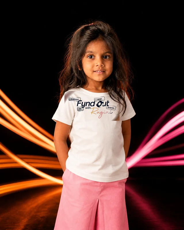 Aarya wearing the Girls Fynd Out Colour-Chip Logo Tee with the approved Fynd Out with Ragini logo.