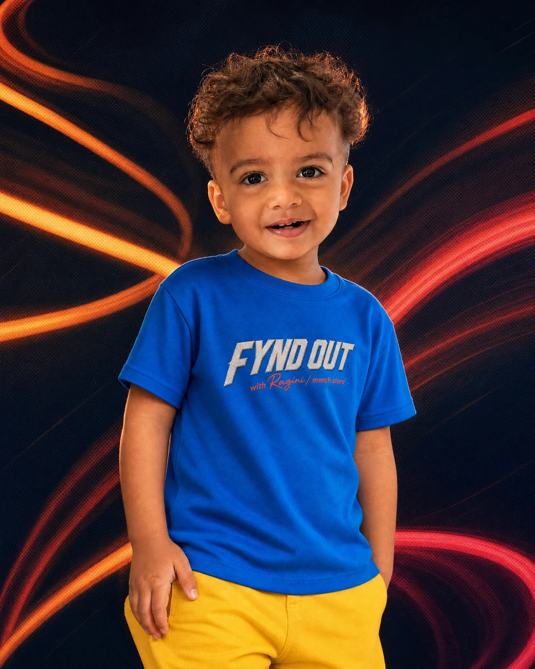 Kabir wearing the Boys Original Fynd Out Wordmark Tee with the original FYND OUT with Ragini merch-store wordmark printed into the garment.