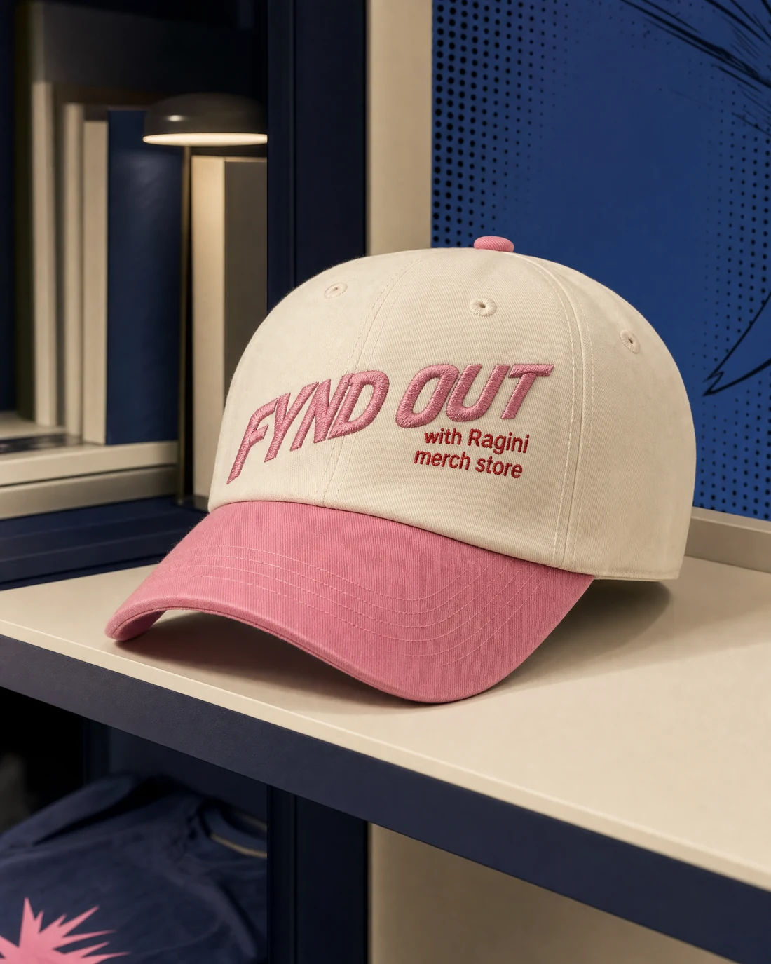 Six-panel cap photographed as a real premium object with the original FYND OUT with Ragini merch-store wordmark integrated into its material.