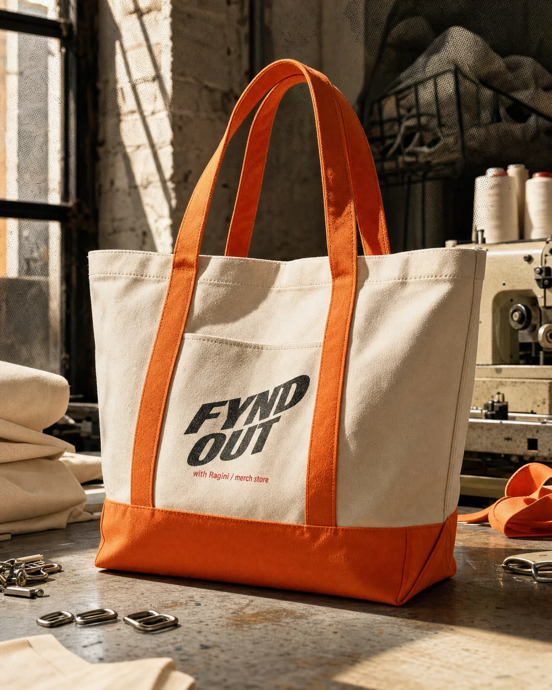 Structured tote photographed as a real premium object with the original FYND OUT with Ragini merch-store wordmark integrated into its material.
