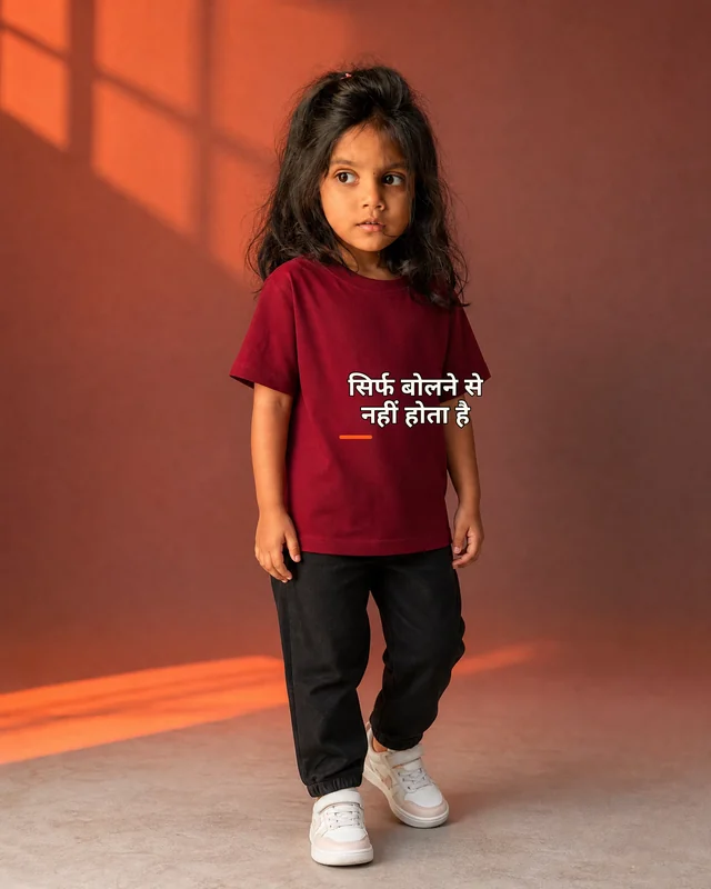 Aarya wearing the Girls सिर्फ बोलने से नहीं होता है Editor’s Mark featuring the exact statement “सिर्फ बोलने से नहीं होता है”.