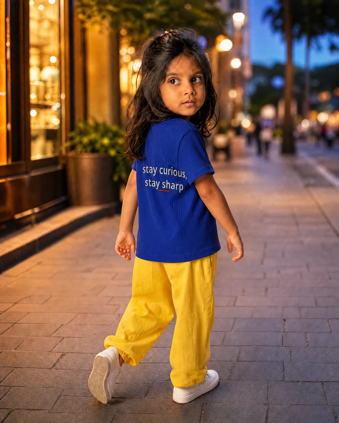 Aarya wearing the Girls Stay Curious Stay Sharp Backstory with the exact statement “stay curious, stay sharp” printed into the garment.