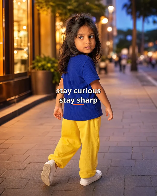 Aarya wearing the Girls Stay Curious Stay Sharp Backstory featuring the exact statement “stay curious, stay sharp”.