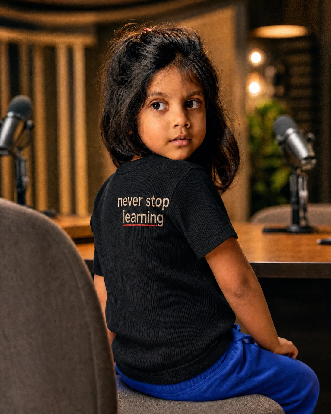 Aarya wearing the Girls Never Stop Learning Backstory with the exact statement “never stop learning” printed into the garment.