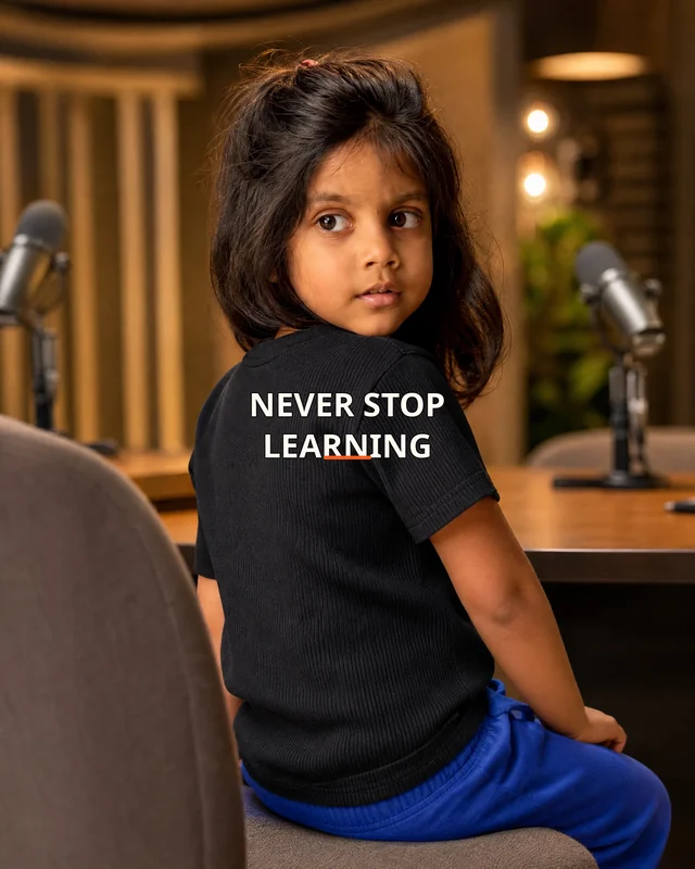 Aarya wearing the Girls Never Stop Learning Backstory featuring the exact statement “never stop learning”.
