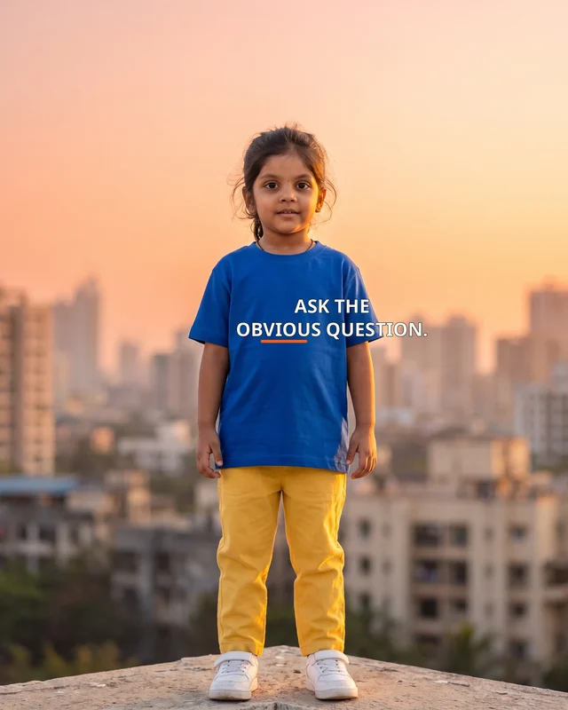 Aarya wearing the Girls Ask The Obvious Question Editor’s Mark featuring the exact statement “ask the obvious question”.