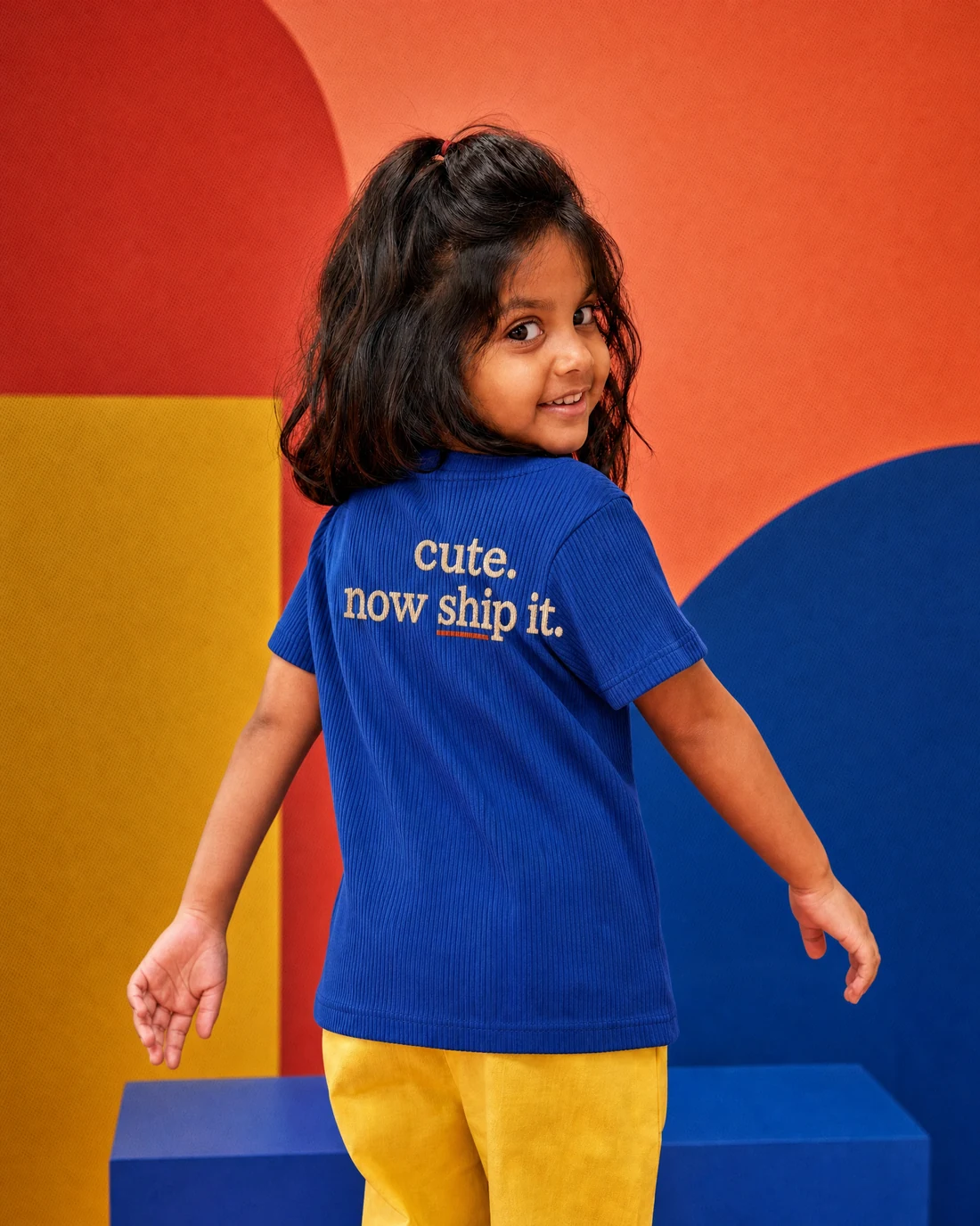 Aarya wearing the Girls Cute Now Ship It Backstory with the exact statement “cute. now ship it.” printed into the garment.