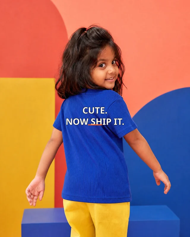 Aarya wearing the Girls Cute Now Ship It Backstory featuring the exact statement “cute. now ship it.”.