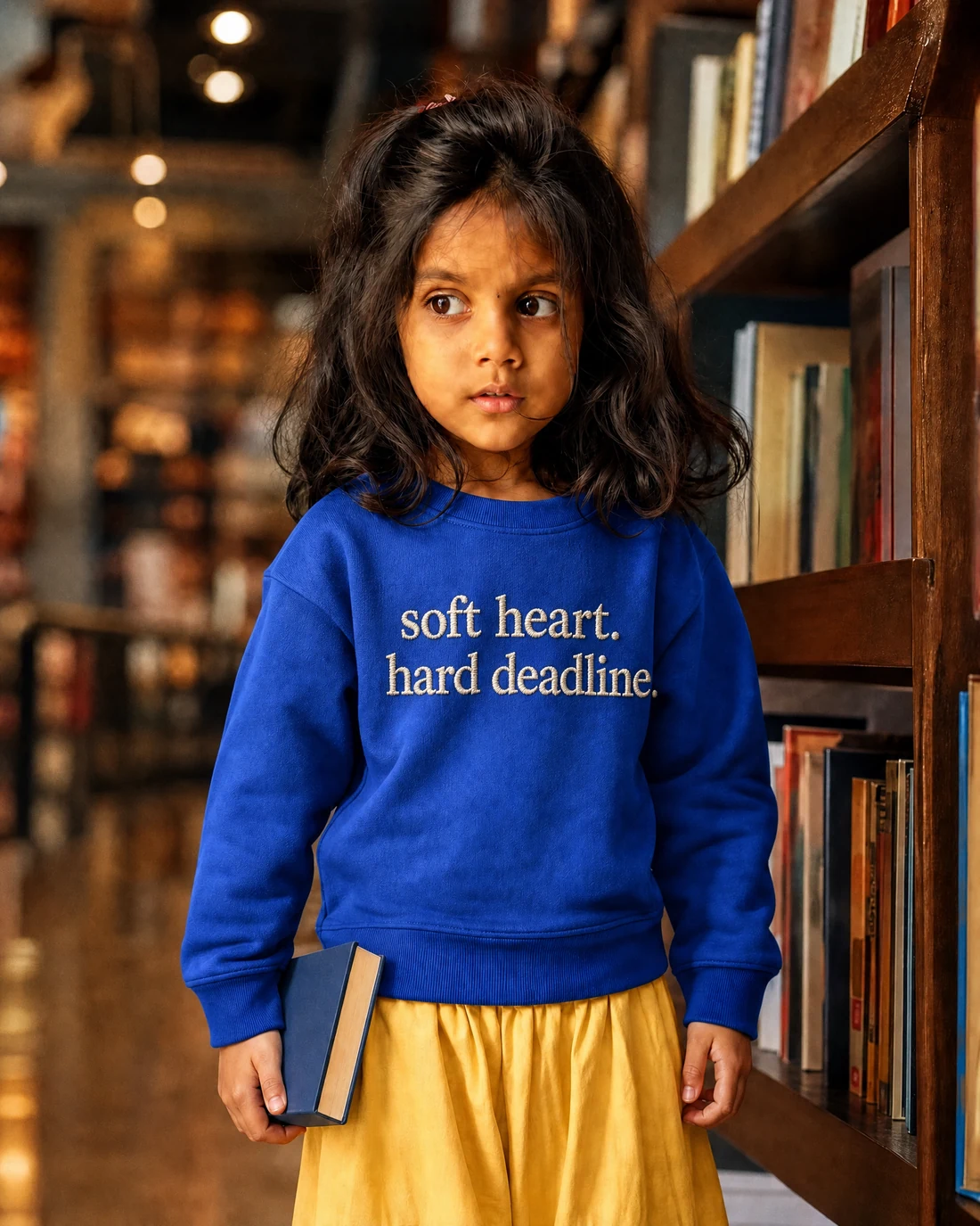 Aarya wearing the Girls Soft Heart Hard Deadline Panel Drop with the exact statement “soft heart. hard deadline.” printed into the garment.