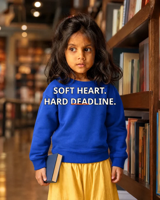 Aarya wearing the Girls Soft Heart Hard Deadline Panel Drop featuring the exact statement “soft heart. hard deadline.”.