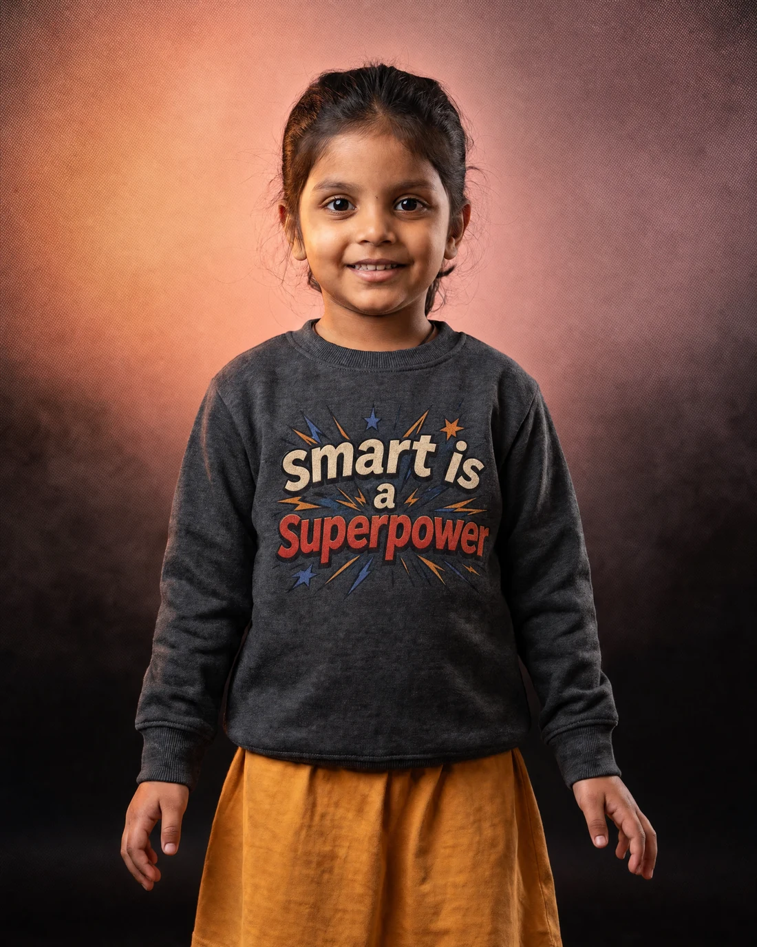 Aarya wearing the Girls Smart Is A Superpower Panel Drop with the exact statement “smart is a superpower” printed into the garment.