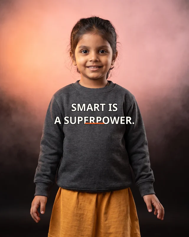 Aarya wearing the Girls Smart Is A Superpower Panel Drop featuring the exact statement “smart is a superpower”.