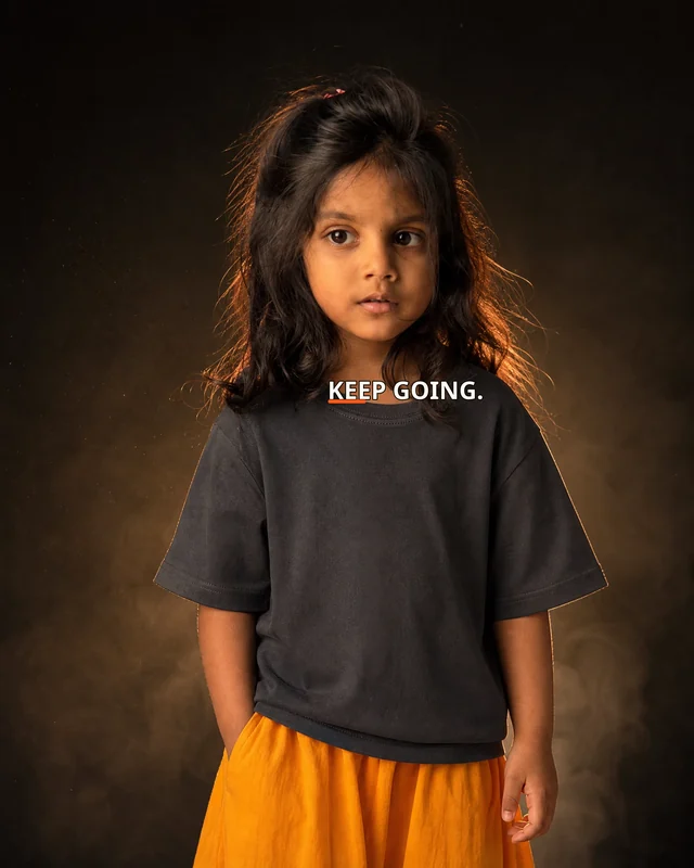 Aarya wearing the Girls Keep Going Editor’s Mark featuring the exact statement “keep going”.