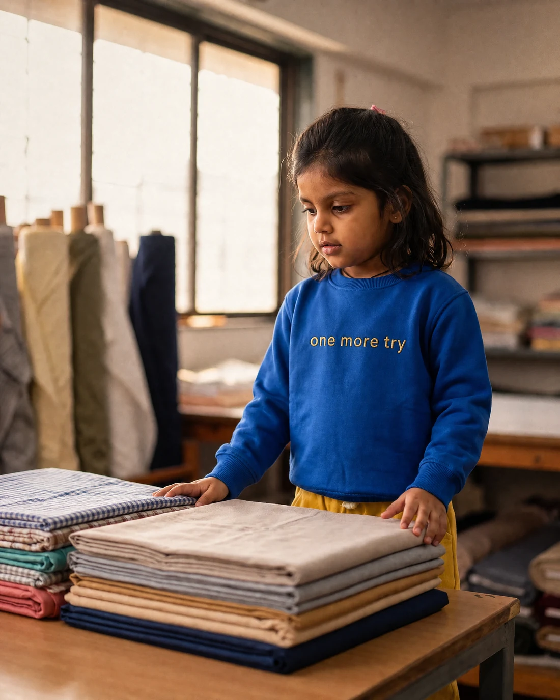 Aarya wearing the Girls One More Try Panel Drop with the exact statement “one more try” printed into the garment.