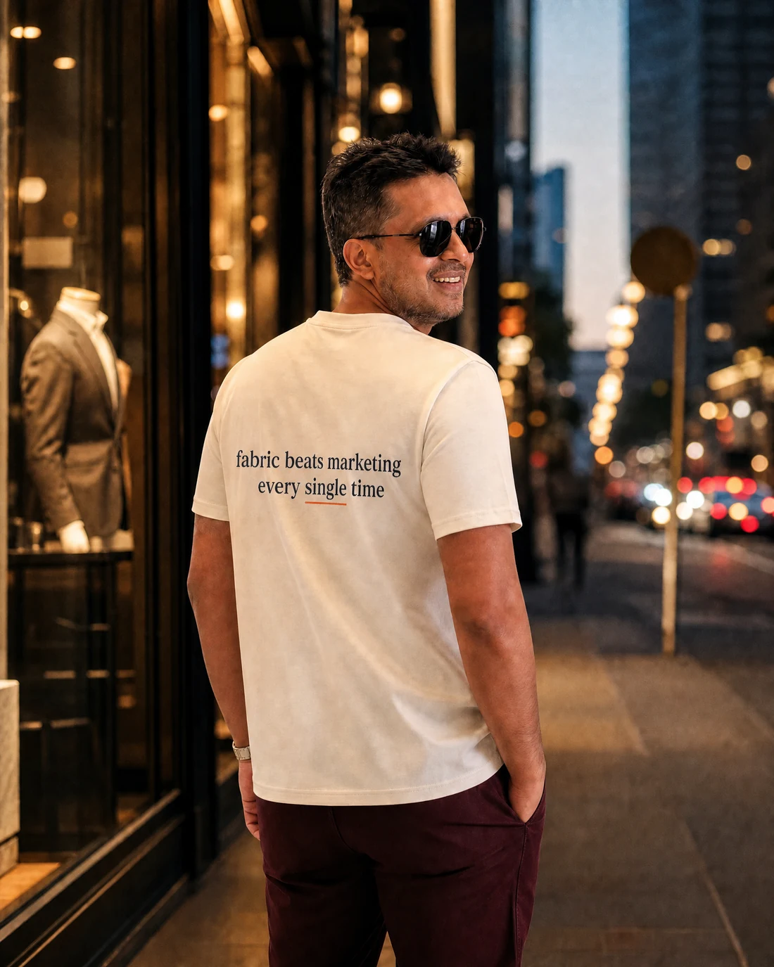 Farooq wearing the Men Fabric Beats Marketing Every Single Time Backstory with the exact statement “fabric beats marketing every single time” printed into the garment.