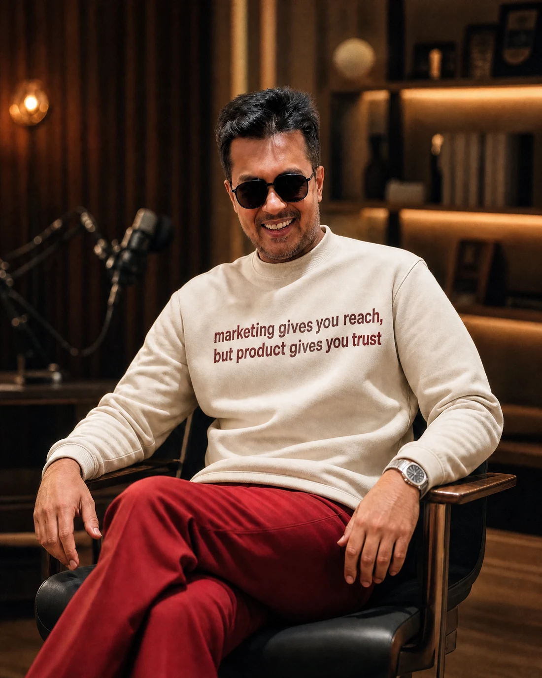 Farooq wearing the Men Marketing Gives You Reach But Product Panel Drop with the exact statement “marketing gives you reach, but product gives you trust” printed into the garment.