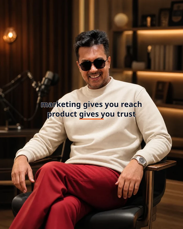 Farooq wearing the Men Marketing Gives You Reach But Product Panel Drop featuring the exact statement “marketing gives you reach, but product gives you trust”.