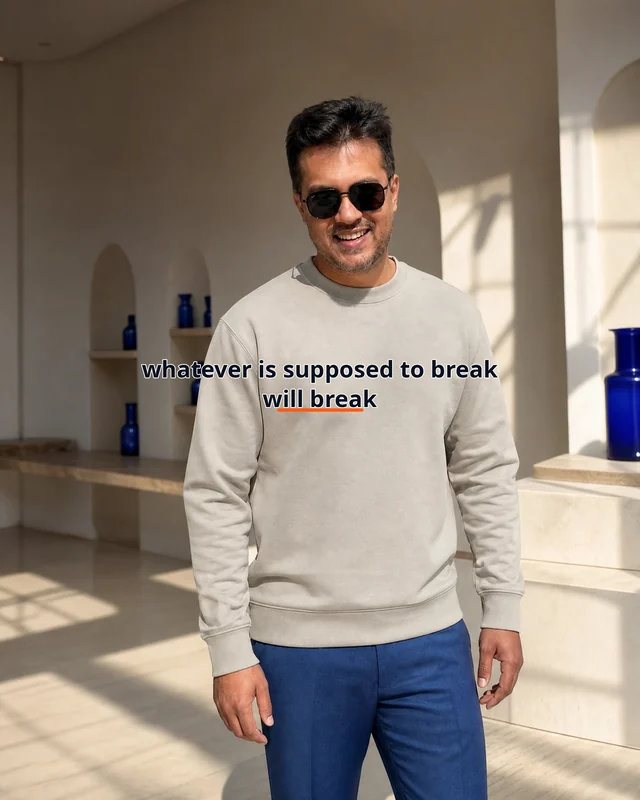 Farooq wearing the Men Whatever Is Supposed To Break Will Panel Drop featuring the exact statement “whatever is supposed to break will break”.
