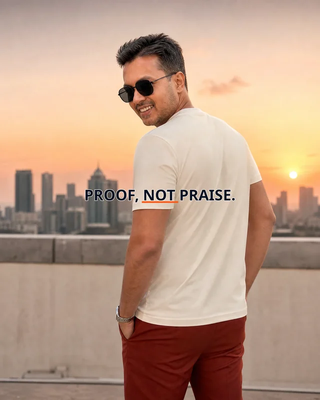 Farooq wearing the Men Proof Not Praise Backstory featuring the exact statement “proof, not praise”.