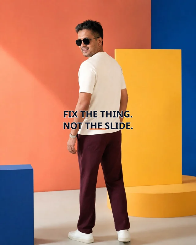 Farooq wearing the Men Fix The Thing Not The Slide Backstory featuring the exact statement “fix the thing, not the slide”.