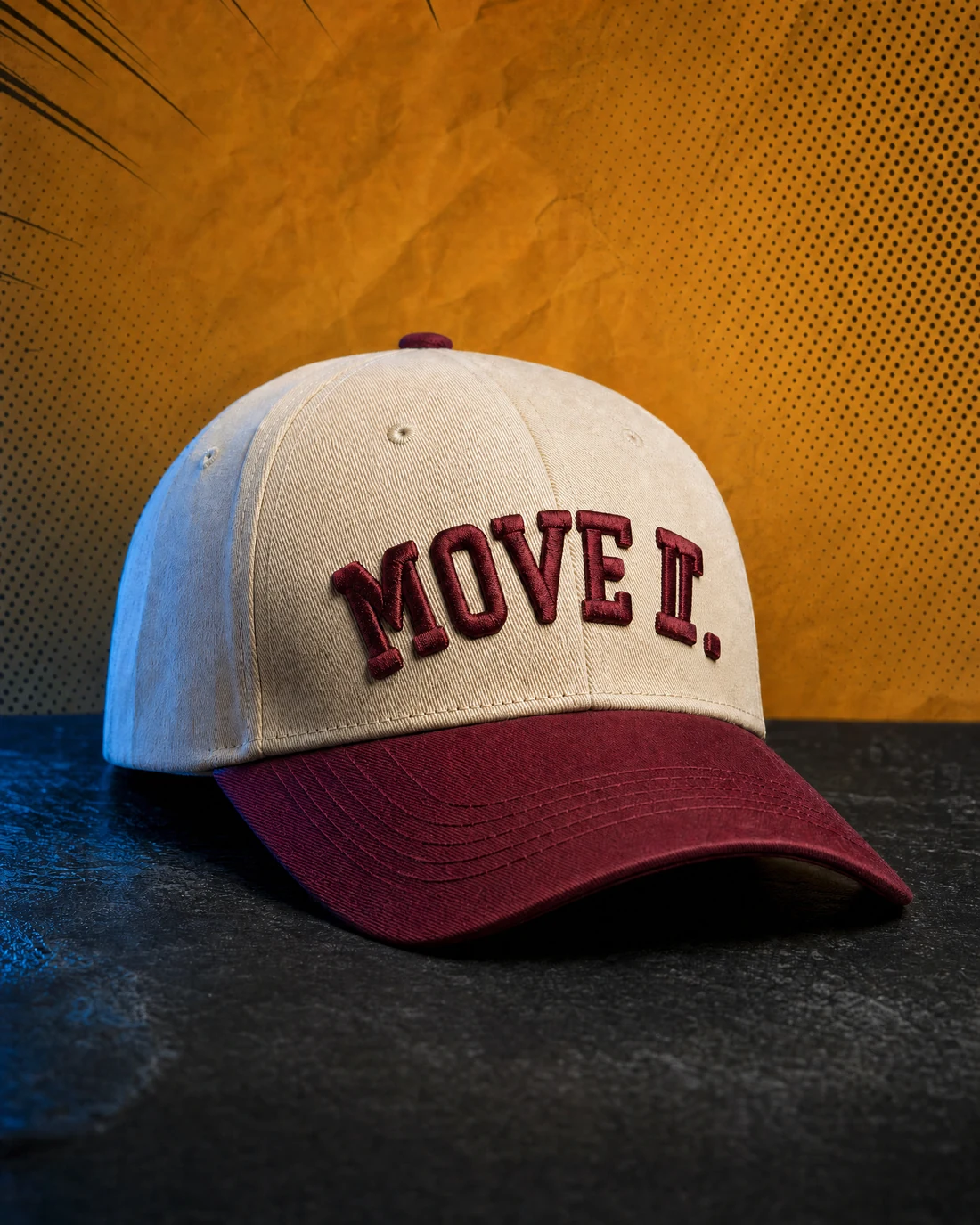 Heavy cotton-twill cap photographed as a real premium object with the exact statement “move it” integrated into its material.