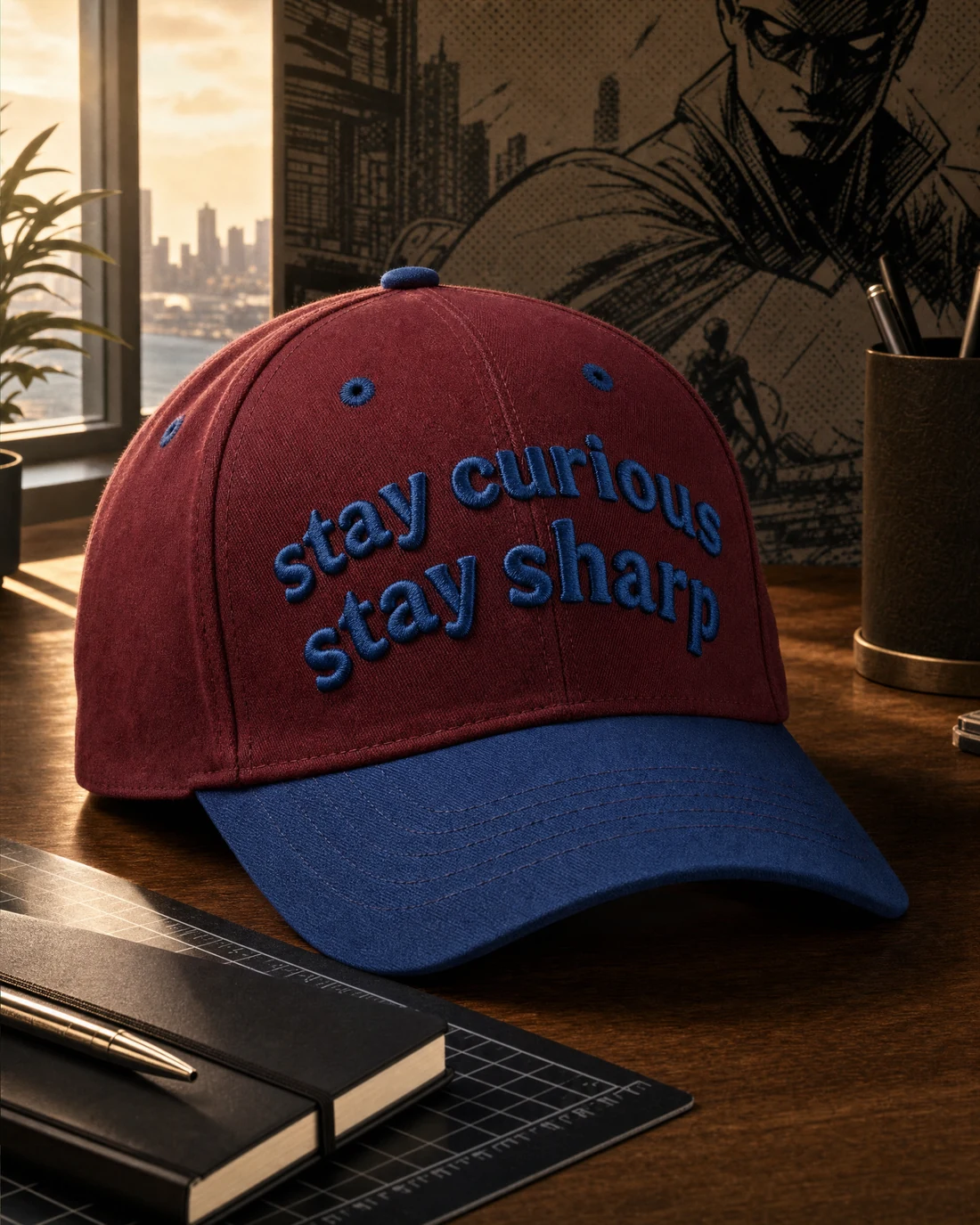 Heavy cotton-twill cap photographed as a real premium object with the exact statement “stay curious, stay sharp” integrated into its material.