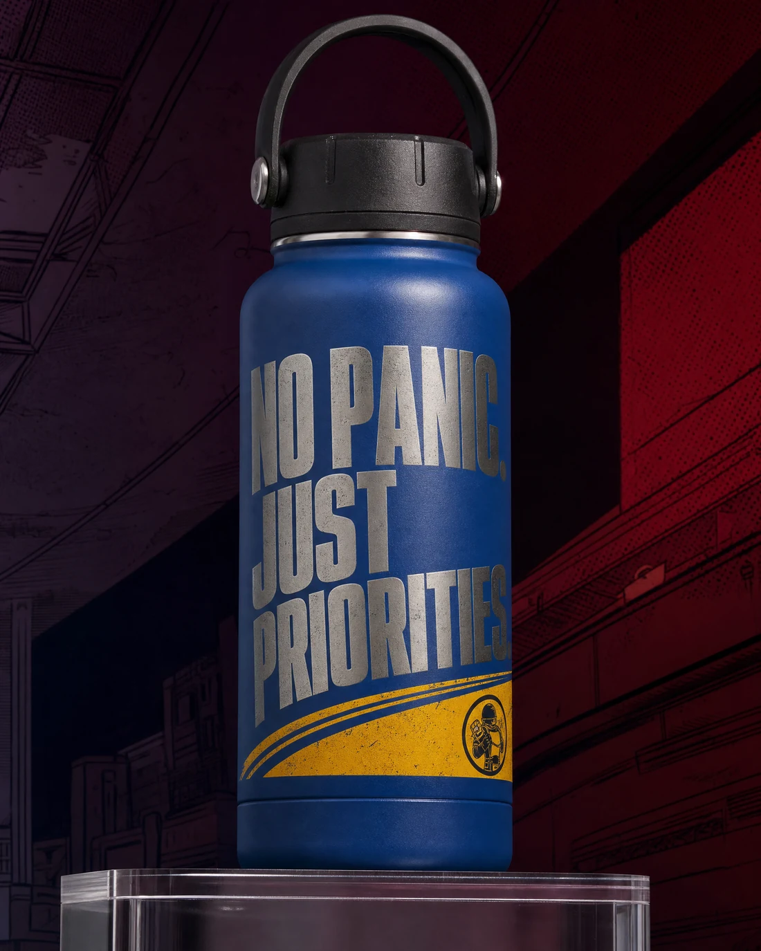 Double-wall steel bottle photographed as a real premium object with the exact statement “no panic. just priorities.” integrated into its material.