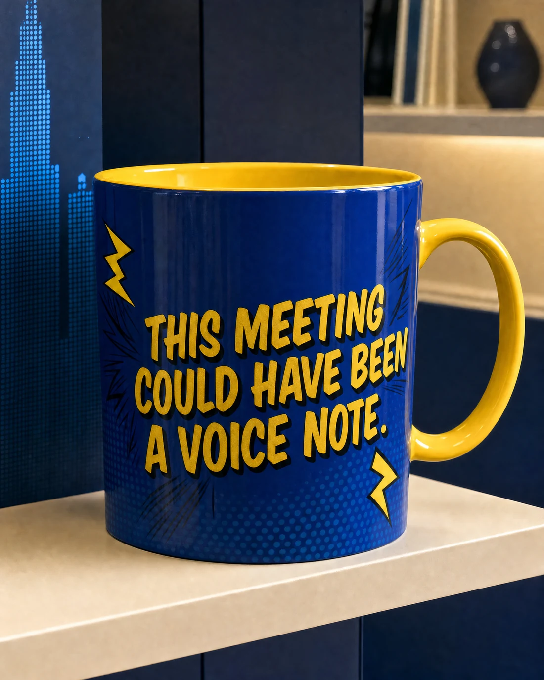 Fine porcelain mug photographed as a real premium object with the exact statement “this meeting could have been a voice note” integrated into its material.